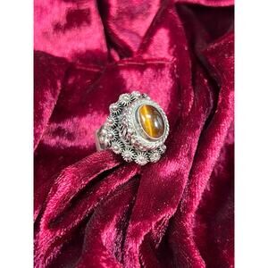 Vintage Jewelry Adjustable Poison Ring Sterling Silver Tigers Eye Stone - Taxco